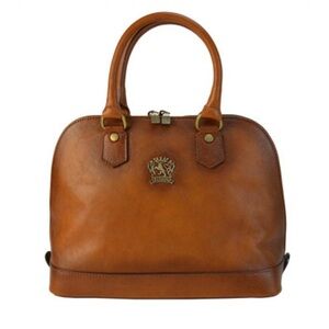 PRATESI Ristonchi Aged Leather Brown Grab Bowling Bag Purse Top Handle Italy